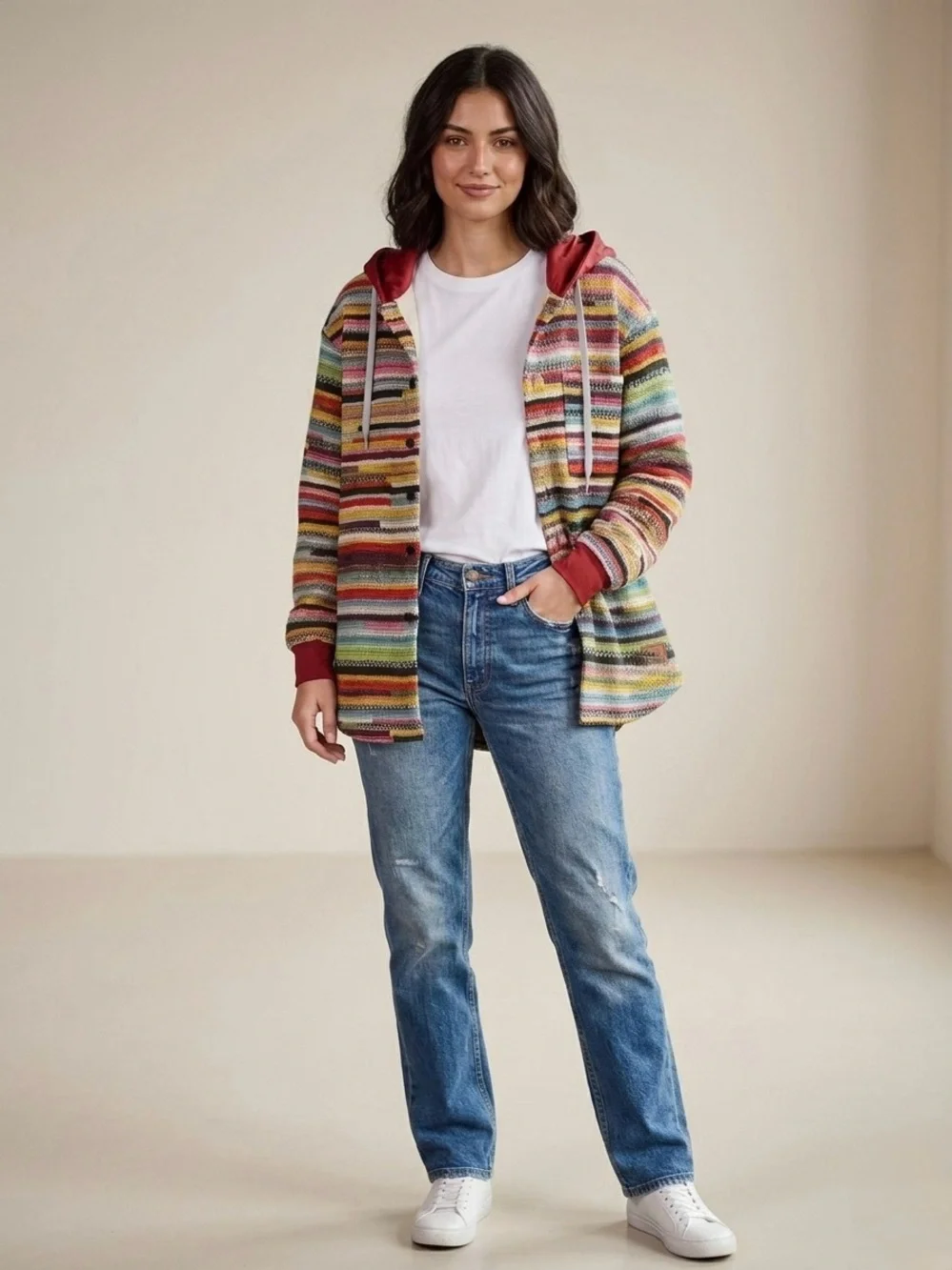 Noracora Colorful Southwestern Knit Fleece Lined Hooded Shacket Jacket, M, NWT‎